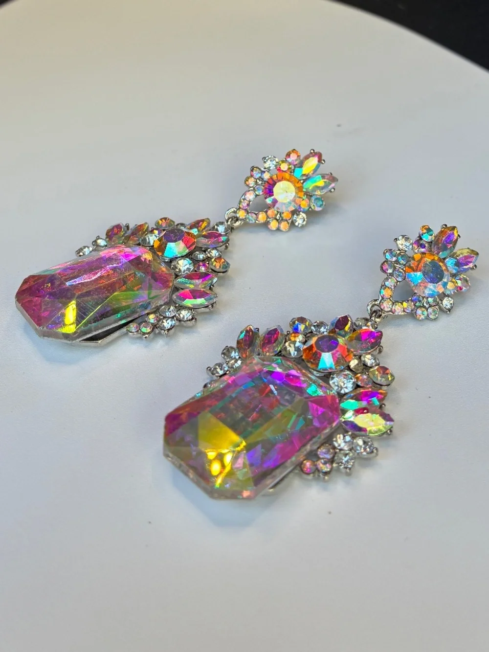 Large Rectangular Iridescent Silver-Tone Rhinestone Earrings - Picture 3 of 7